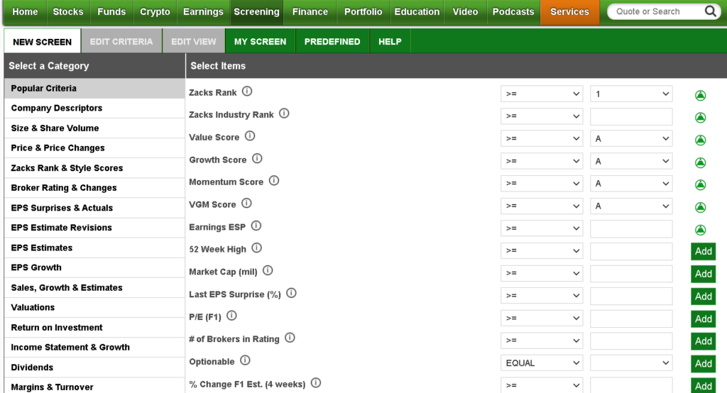 Zacks Investment Research Screener