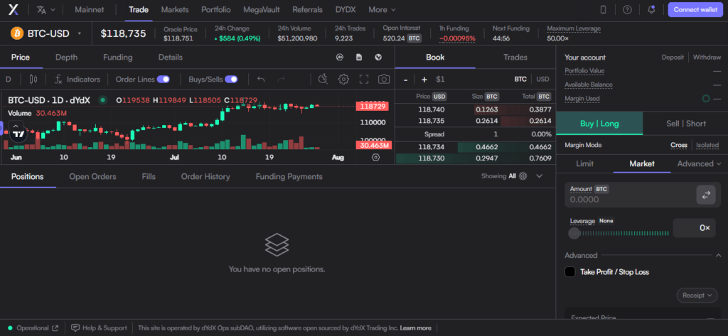 dYdX Trading page
