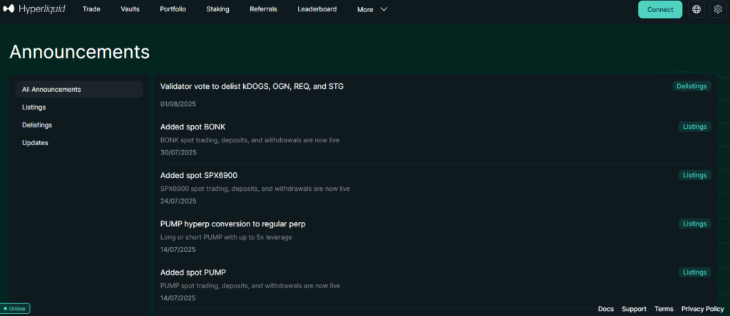 Hyperliquid Exchange Announcements